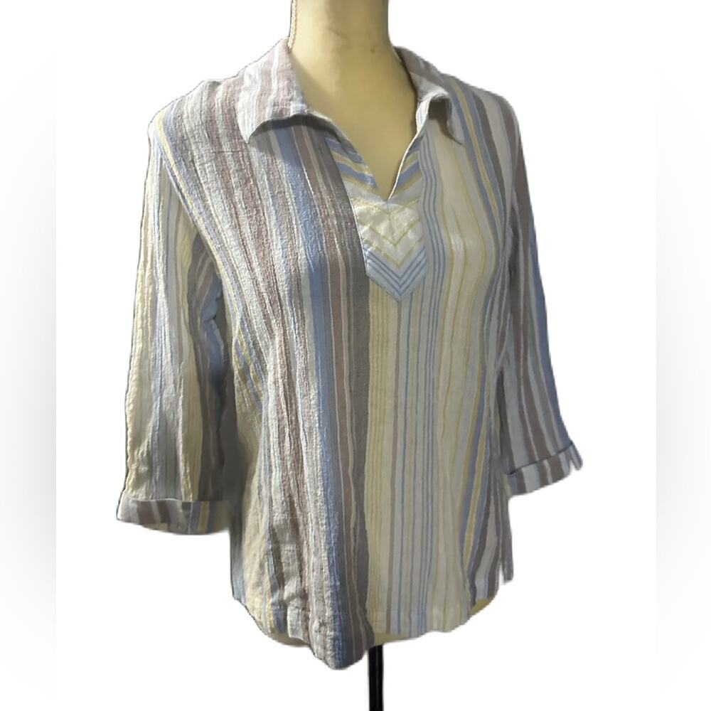 Vintage Blair 100% Cotton Linen Boho Stripe Pullover Shirt 3/4 Sleeve Size M